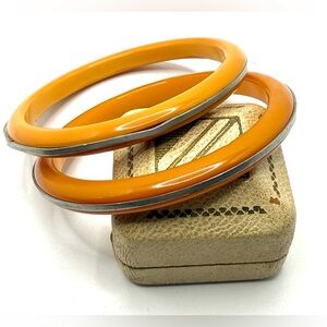 Vintage Bakelite Bangle Bracelet Pair Butterscotch Pumpkin With Sterling Inlay